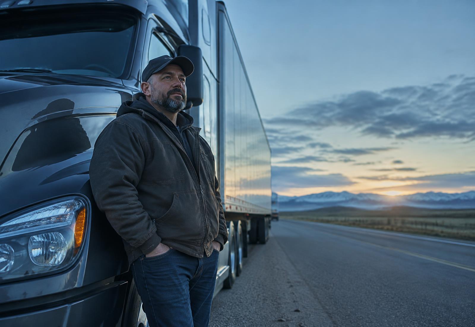 Professional commercial driver beside his truck at dawn